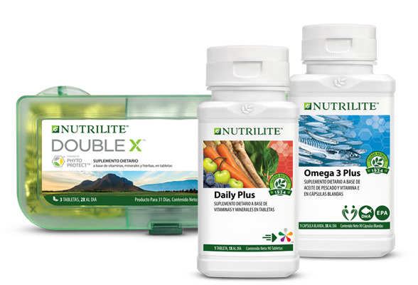 Productos Nutrilite: Proteína Vegetal, Daily y Omega 3 Plus, aportan vitaminas, minerales, Fitonutrientes y ácidos grasos omega 3.