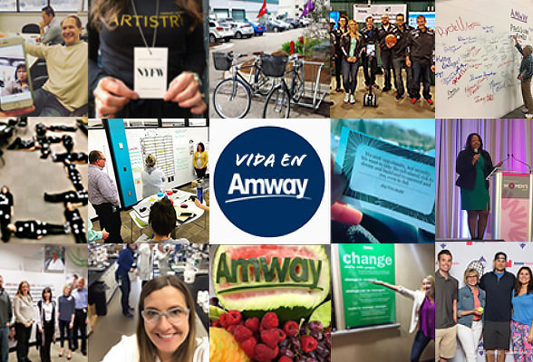 Collage de fotografías de personas de Amway y en el centro el texto 