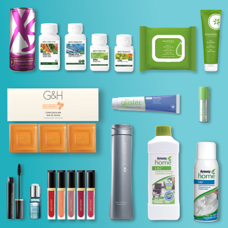 Imagen de varios productos Amway, entre ellos de las marcas Nutrilite, XS, Artistry, Satinique, G&H, Glister, productos de caidad Amway.